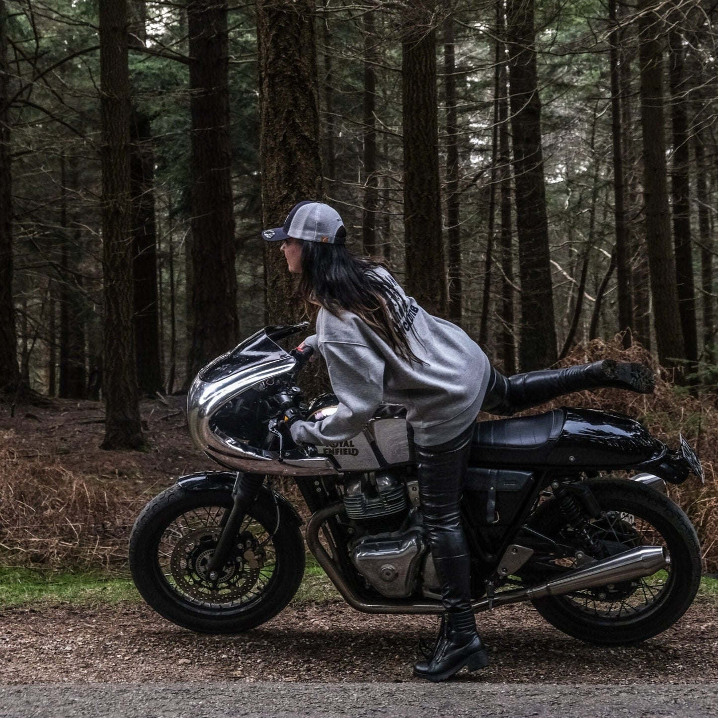 a Uggly&Co flat track cap with Wreckitwren and the royal enfield in the new forest